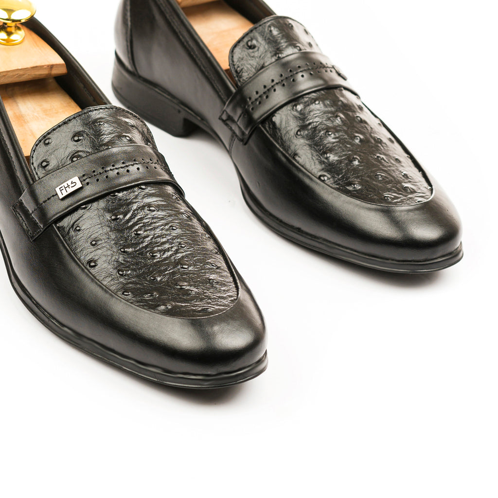 Ostrich Embossed Leather Loafers - Black