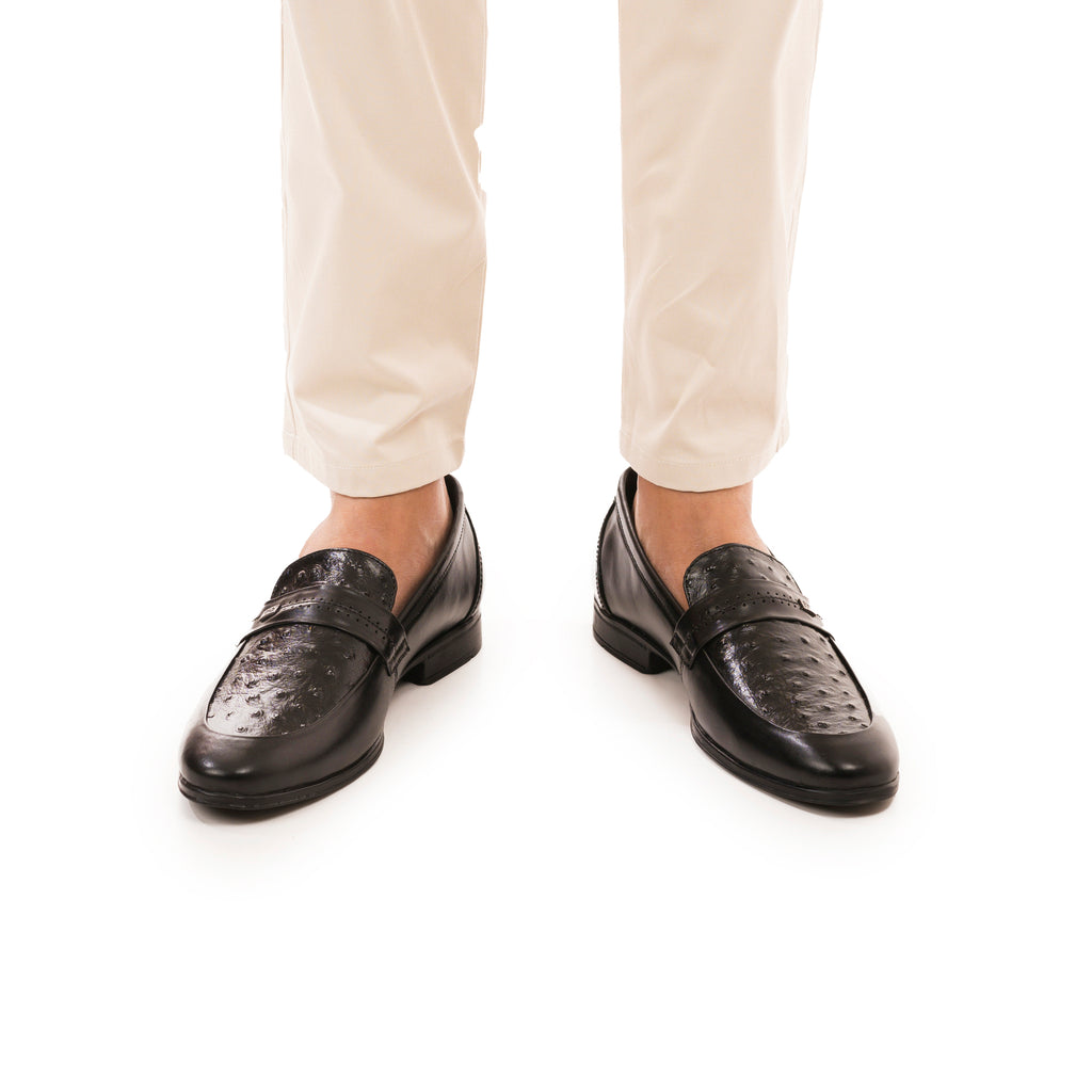 Ostrich Embossed Leather Loafers - Black