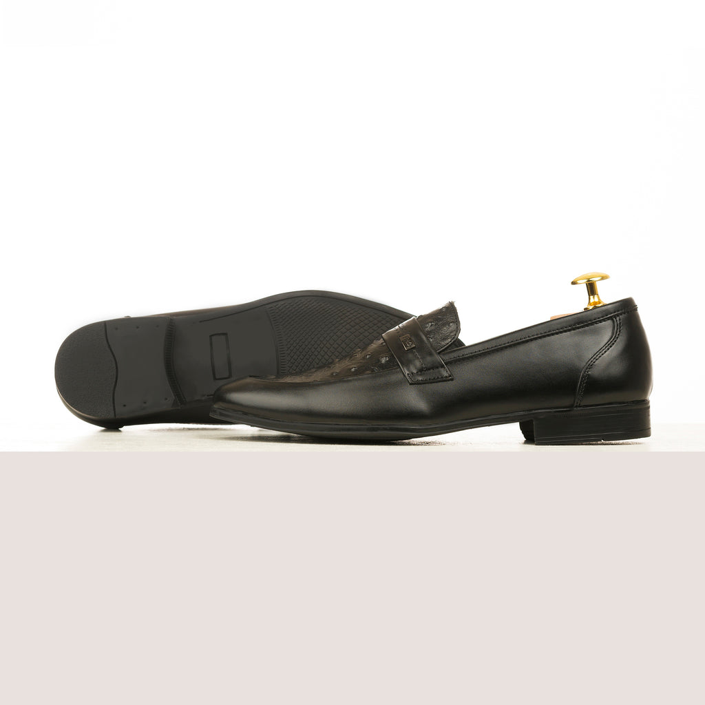 Ostrich Embossed Leather Loafers - Black