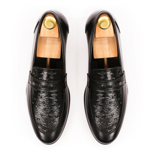 Ostrich Embossed Leather Loafers - Black