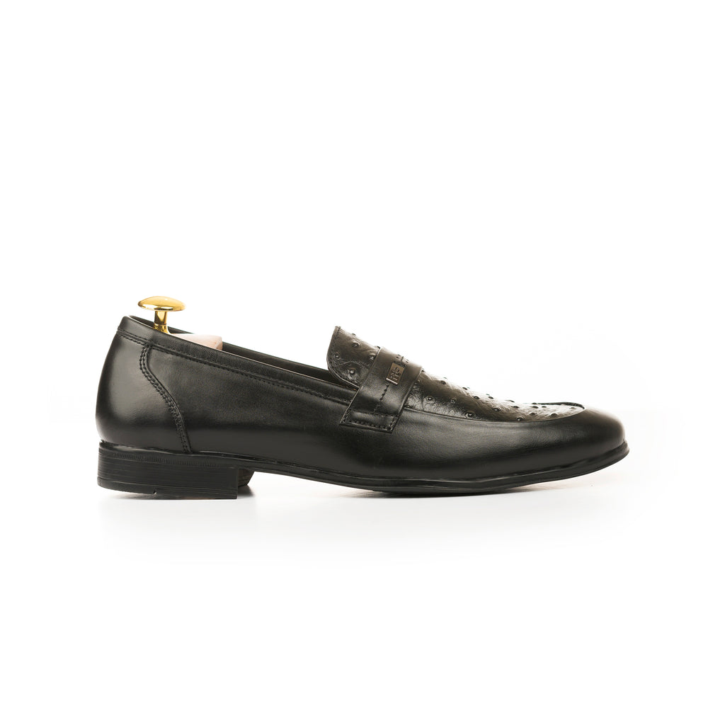 Ostrich Embossed Leather Loafers - Black