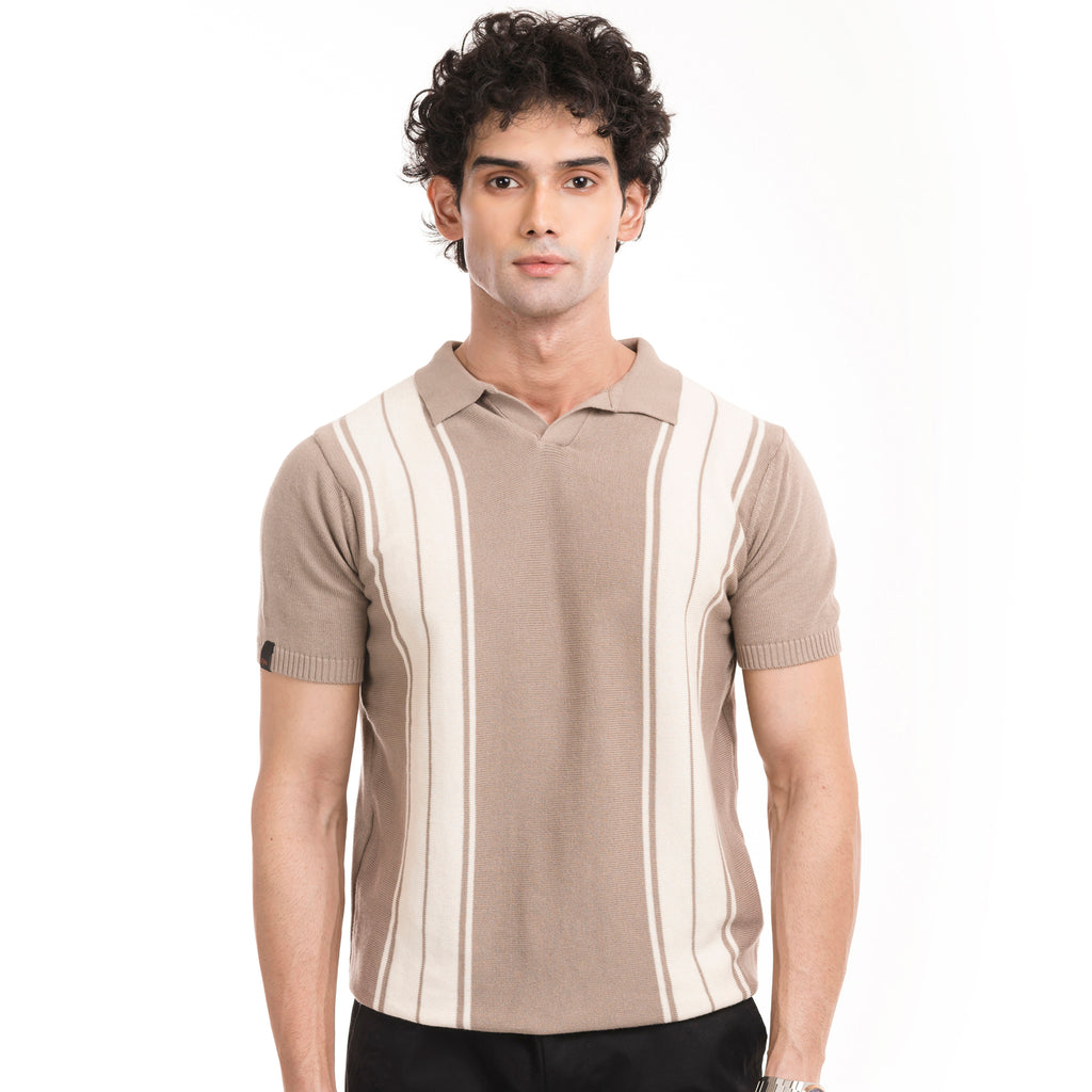 Knitted Striped Polo - Beige/White