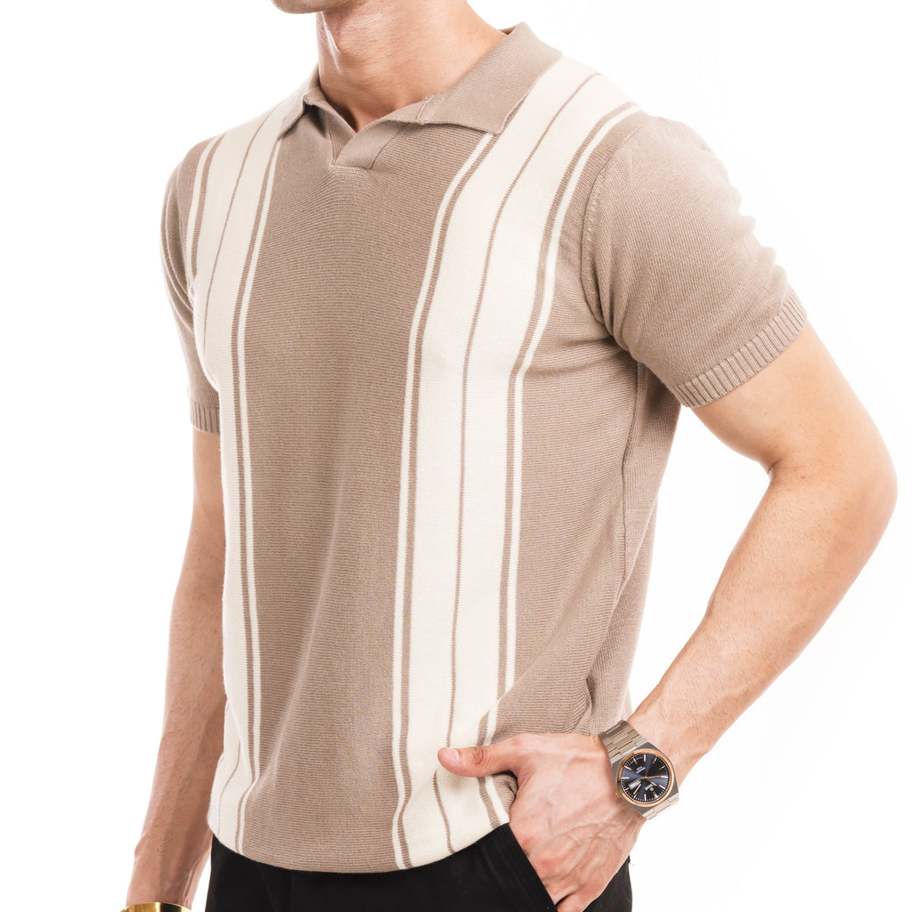 Knitted Striped Polo - Beige/White