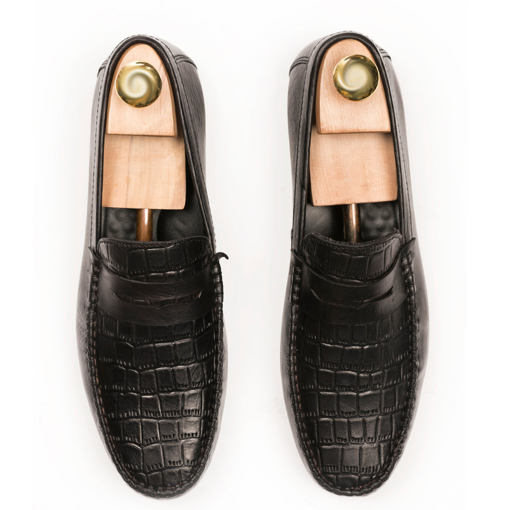 Imperial Crocodile Embossed Moccasins - Black