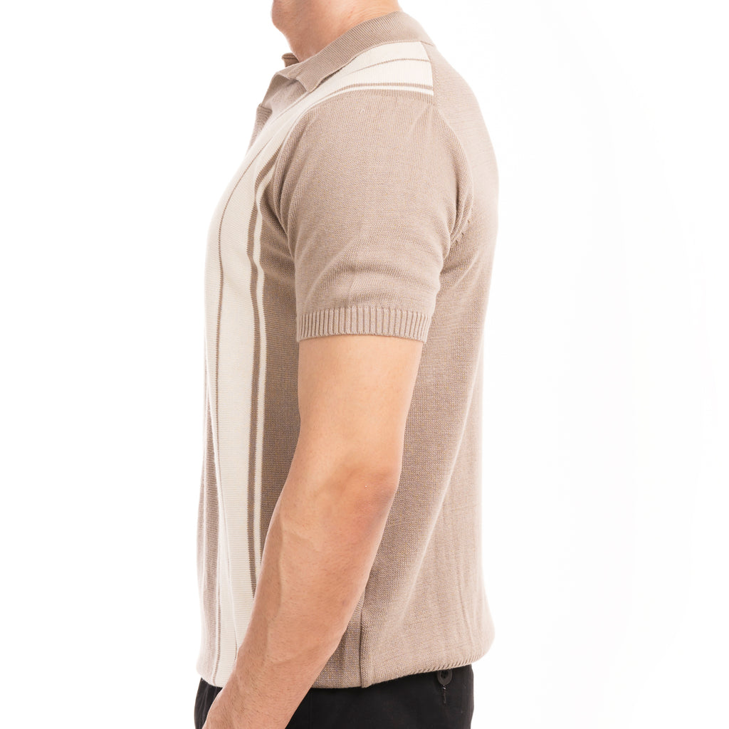 Knitted Striped Polo - Beige/White