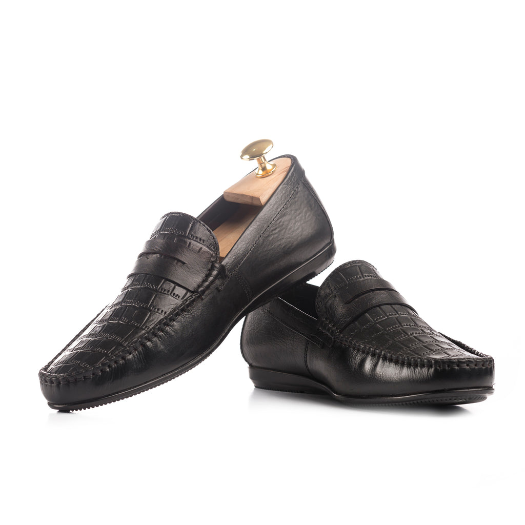 Imperial Crocodile Embossed Moccasins - Black