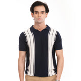 Knitted Striped Polo - Navy/White