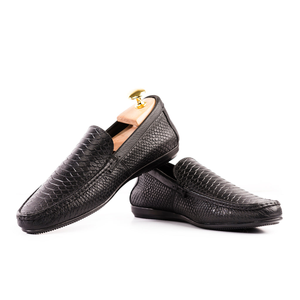 Snakeskin Embossed Moccasins - Black