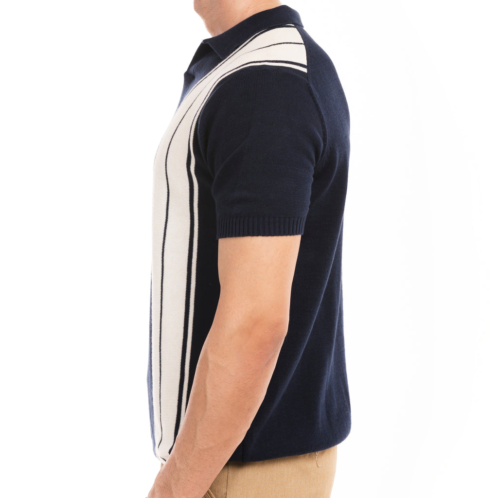 Knitted Striped Polo - Navy/White