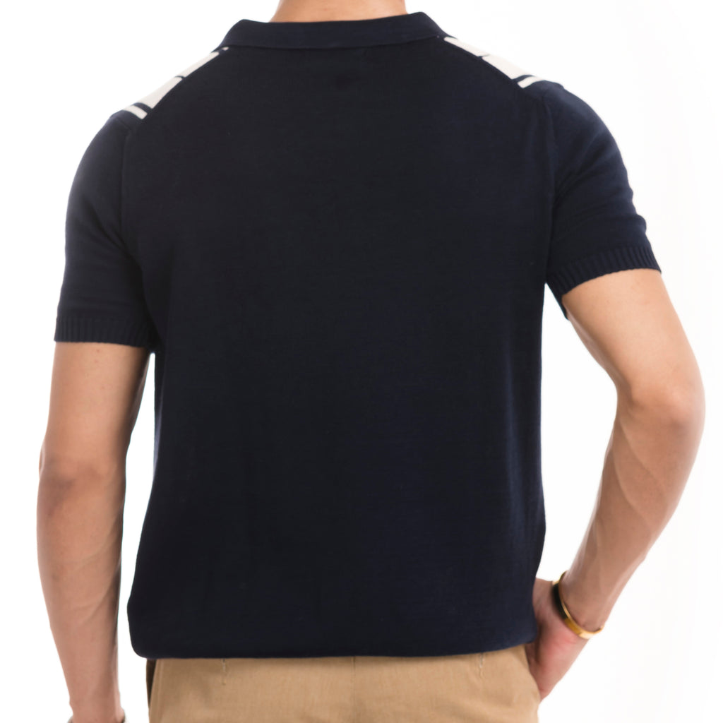 Knitted Striped Polo - Navy/White