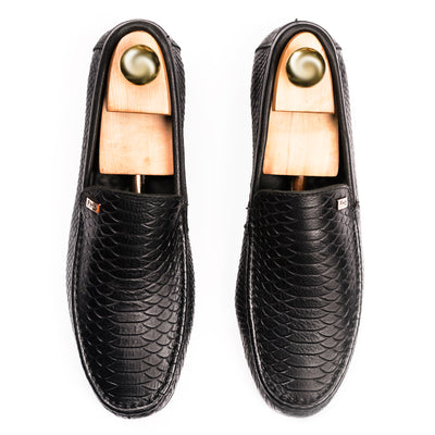 Snakeskin Embossed Moccasins - Black