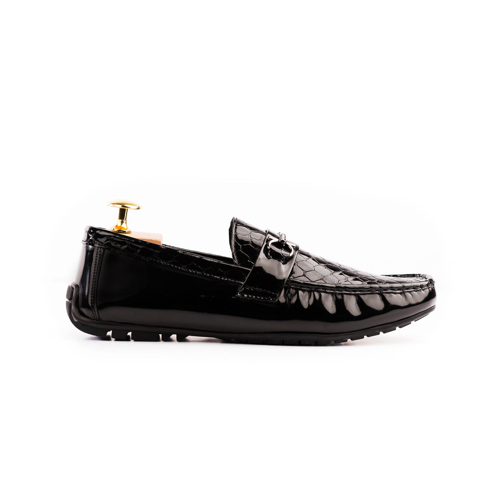 Patent Crocodile Embossed Moccasin - Black