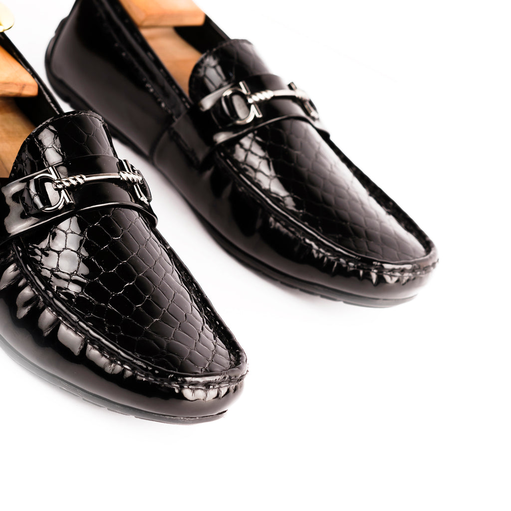 Patent Crocodile Embossed Moccasin - Black