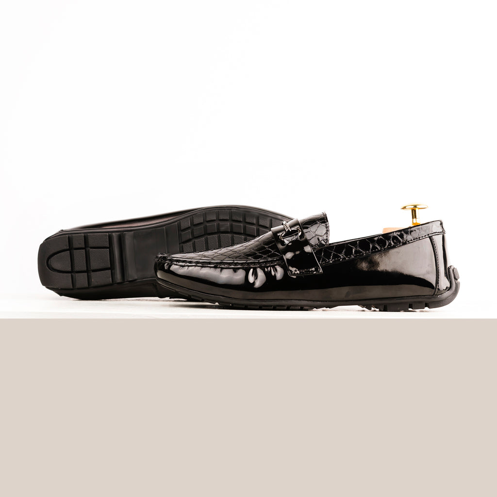 Patent Crocodile Embossed Moccasin - Black