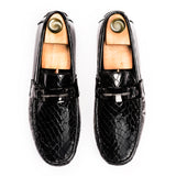 Patent Crocodile Embossed Moccasin - Black