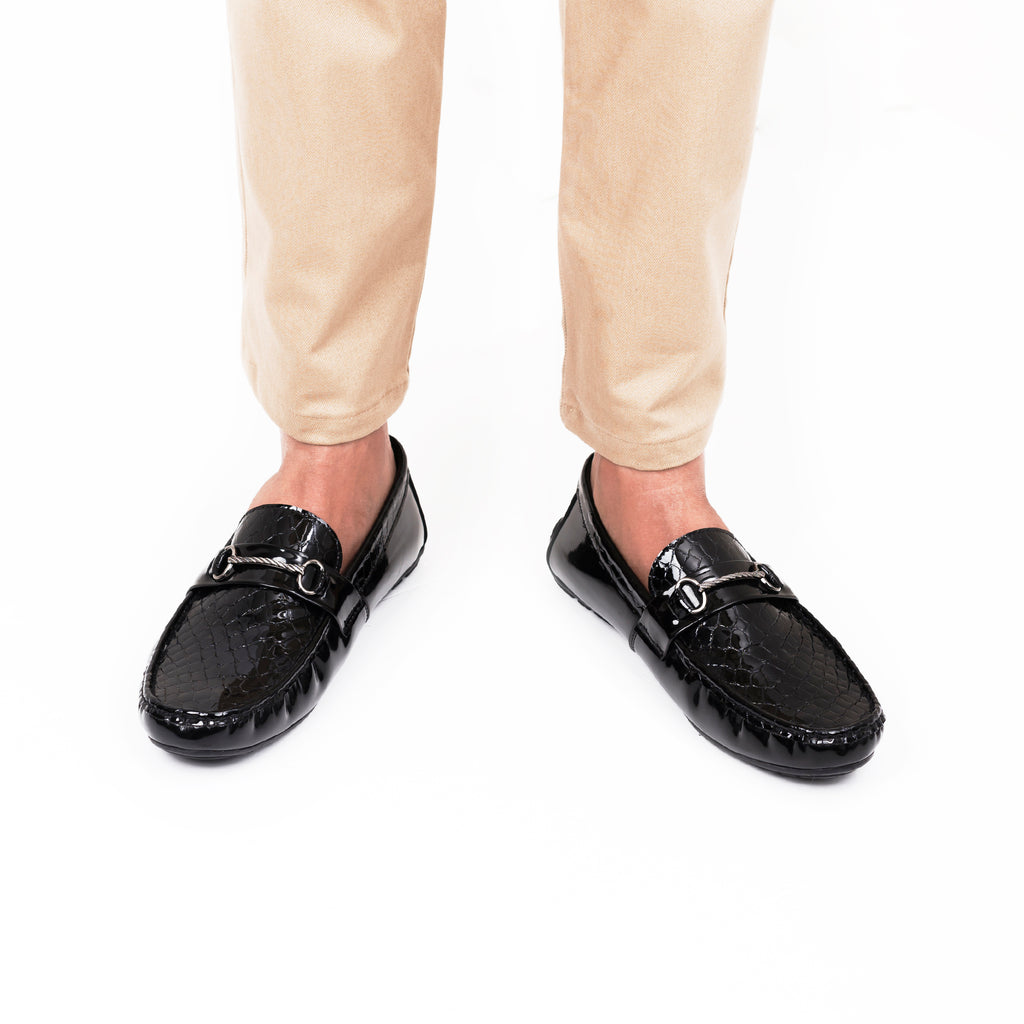 Patent Crocodile Embossed Moccasin - Black