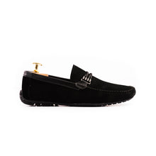 Load image into Gallery viewer, Cross-Buckled Suede Moccasins - Black