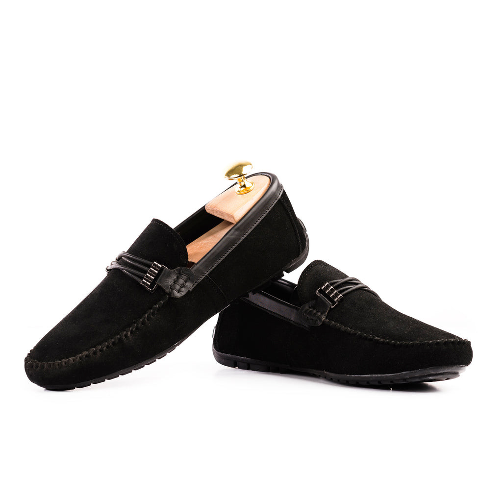 Cross-Buckled Suede Moccasins - Black