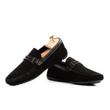 Load image into Gallery viewer, Cross-Buckled Suede Moccasins - Black