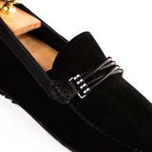 Load image into Gallery viewer, Cross-Buckled Suede Moccasins - Black