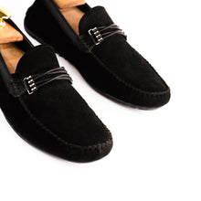 Load image into Gallery viewer, Cross-Buckled Suede Moccasins - Black