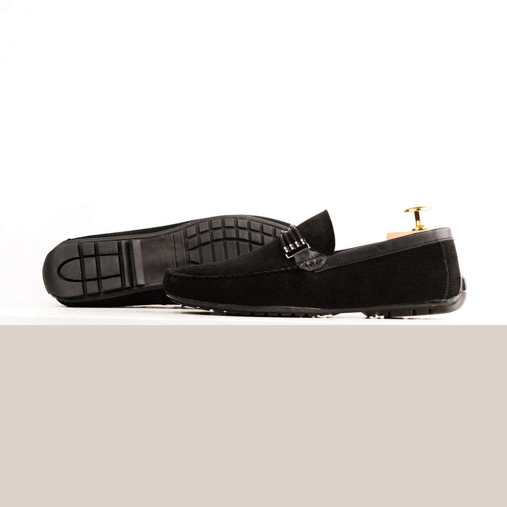 Cross-Buckled Suede Moccasins - Black