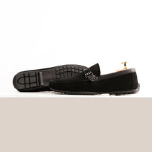 Load image into Gallery viewer, Cross-Buckled Suede Moccasins - Black
