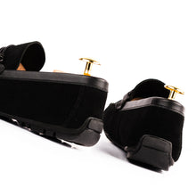 Load image into Gallery viewer, Cross-Buckled Suede Moccasins - Black