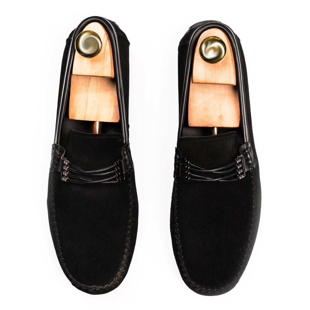 Cross-Buckled Suede Moccasins - Black