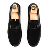 Cross-Buckled Suede Moccasins - Black