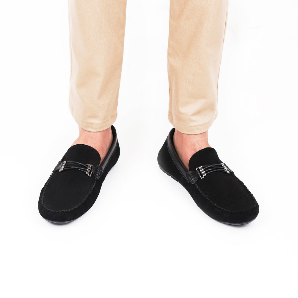 Cross-Buckled Suede Moccasins - Black