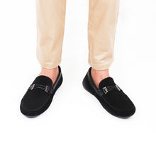 Load image into Gallery viewer, Cross-Buckled Suede Moccasins - Black