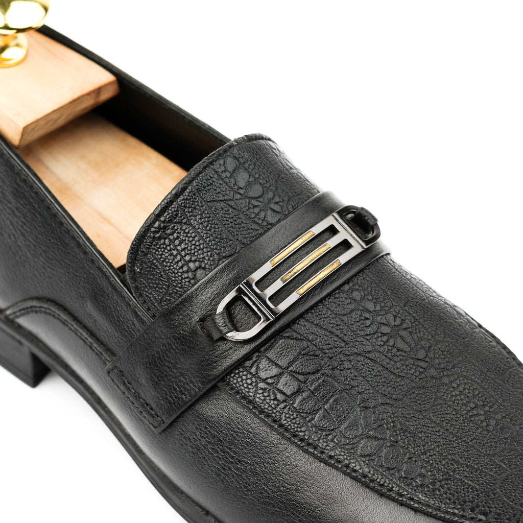Crocodile-Vamp Buckled Loafers - Black