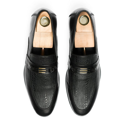 Crocodile-Vamp Buckled Loafers - Black
