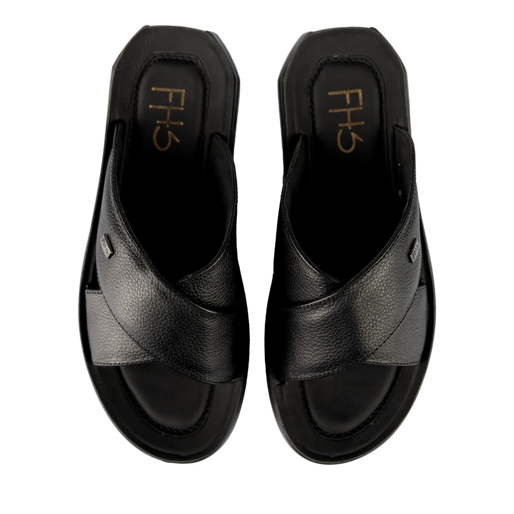 Casual Strapped Leather Slippers-Black