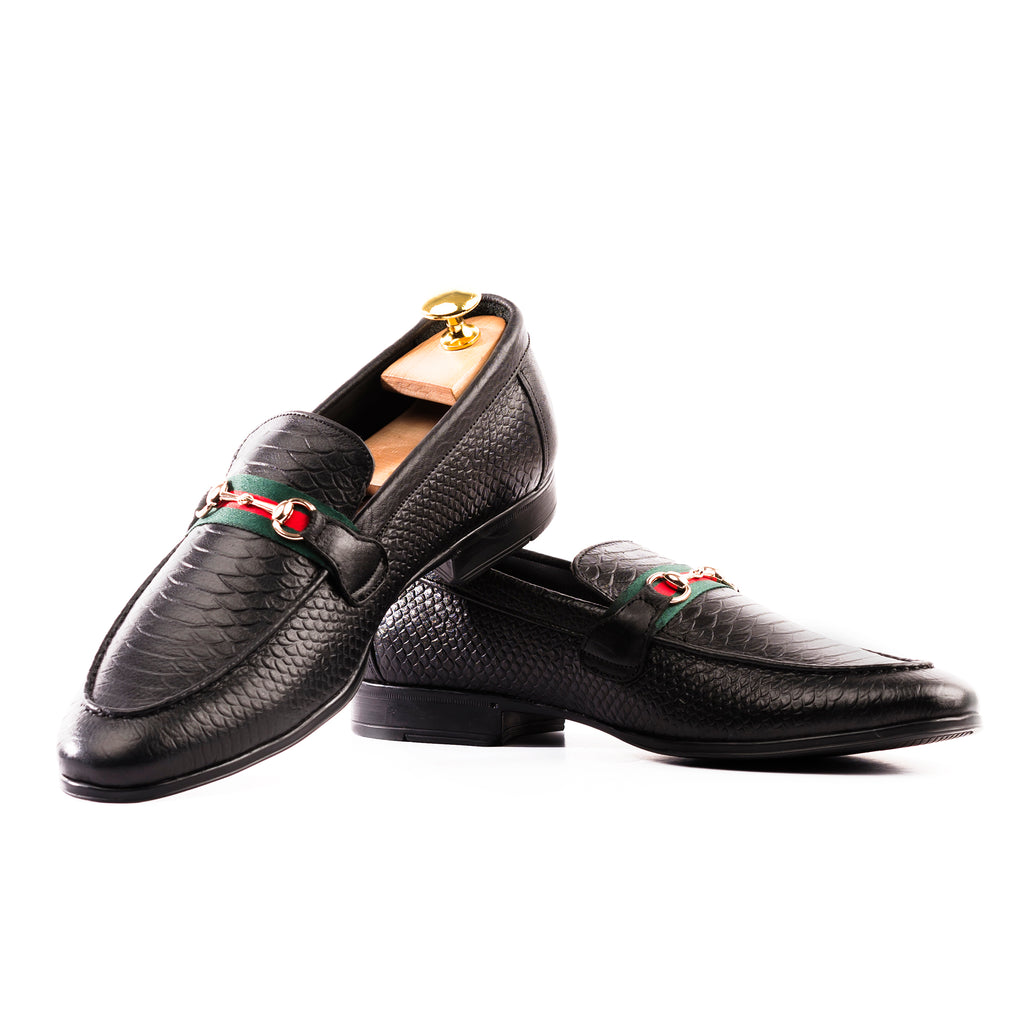 Snakeskin Embossed Statement Loafers - Black