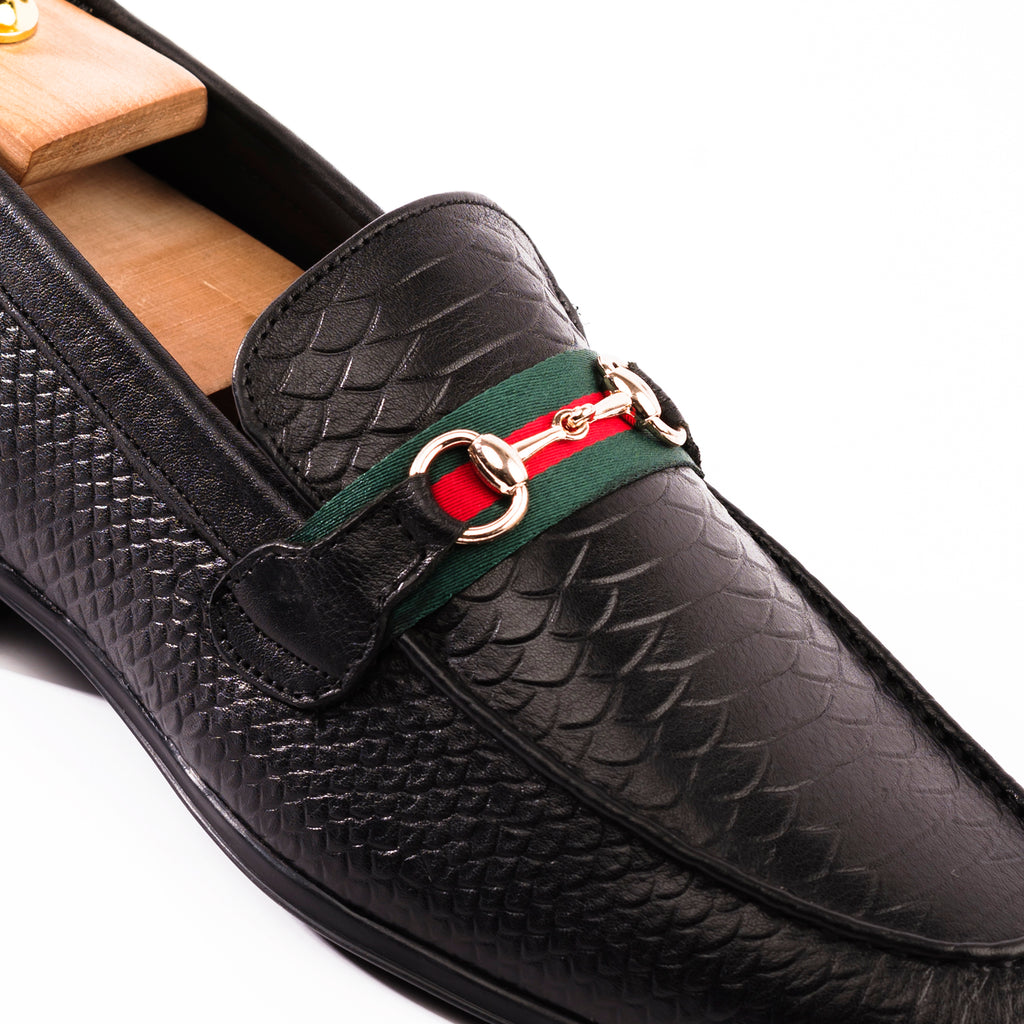 Snakeskin Embossed Statement Loafers - Black