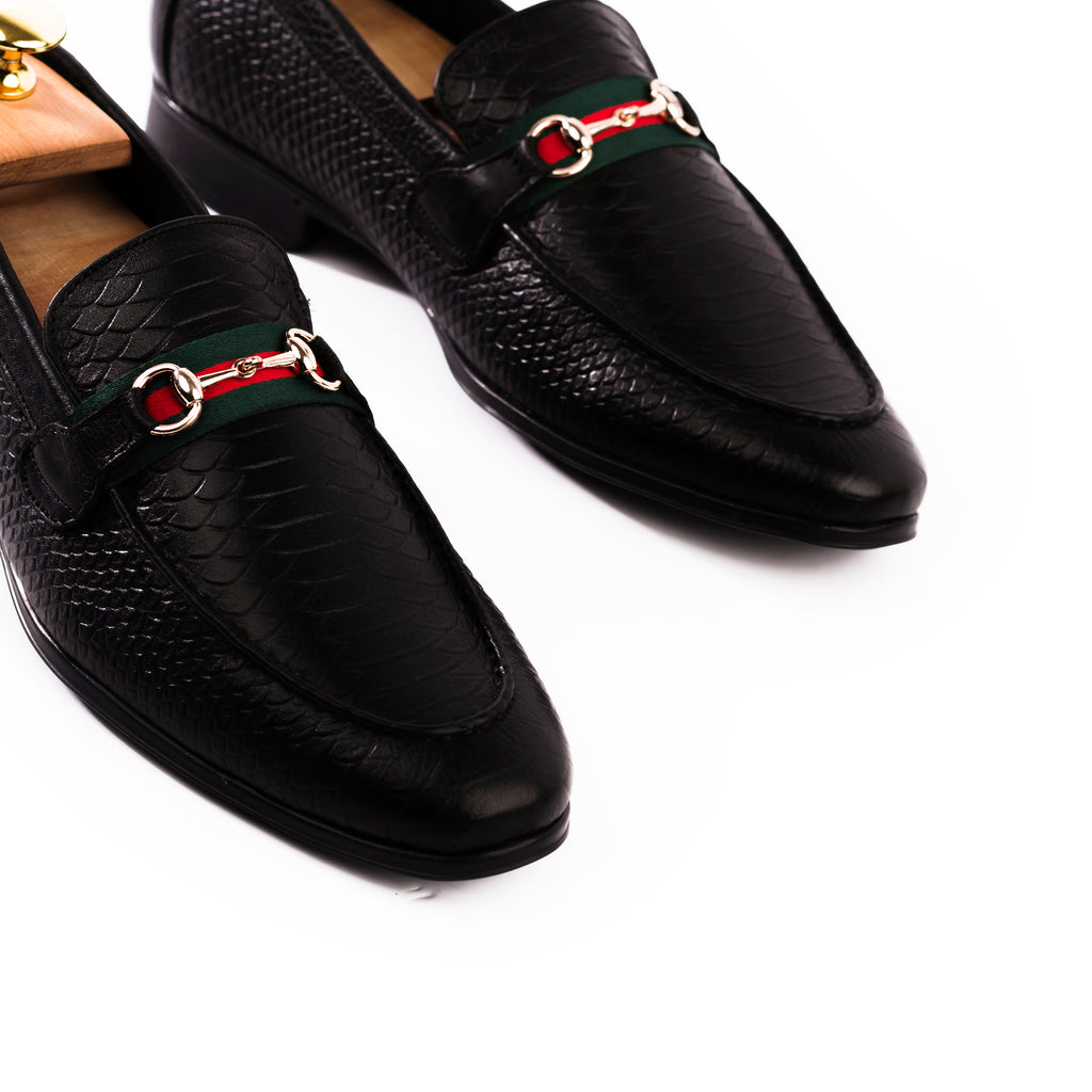 Snakeskin Embossed Statement Loafers - Black