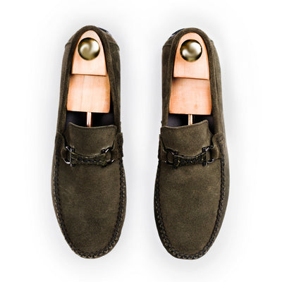 Gun-Metal Buckled Suede Moccasins - Olive