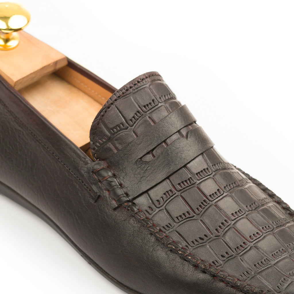 Croc-emboosed Penny Moccasins - Dark Brown