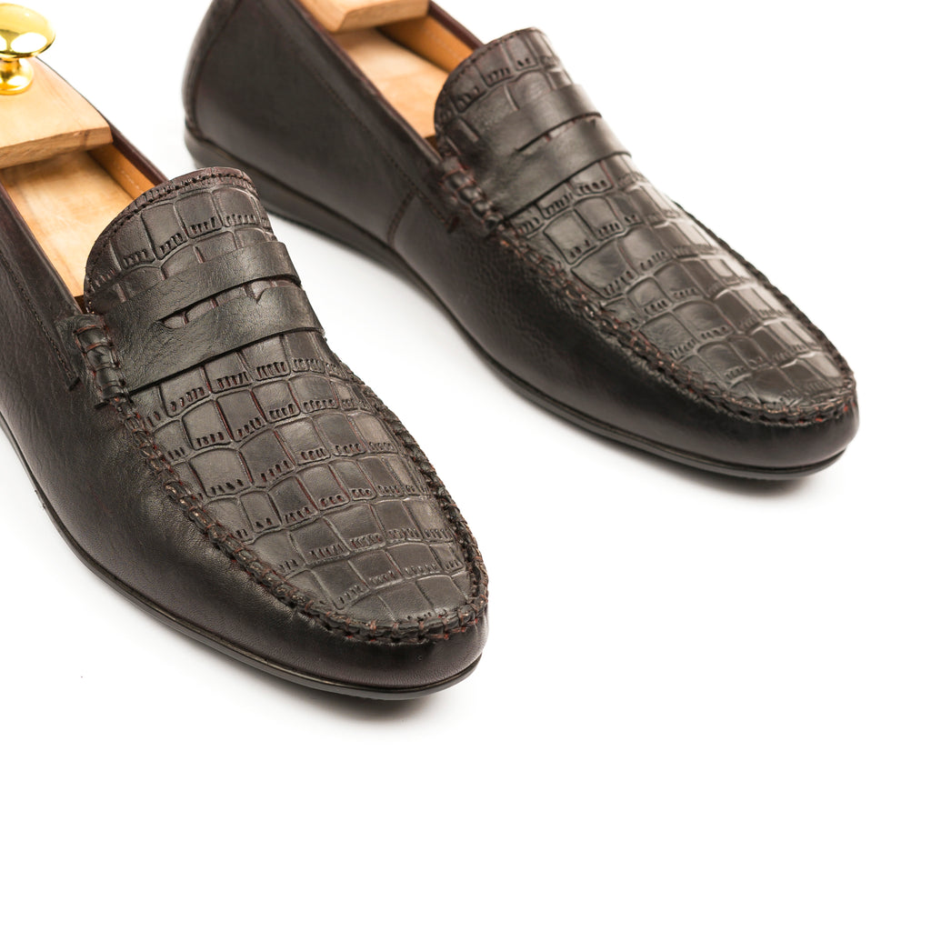 Croc-emboosed Penny Moccasins - Dark Brown