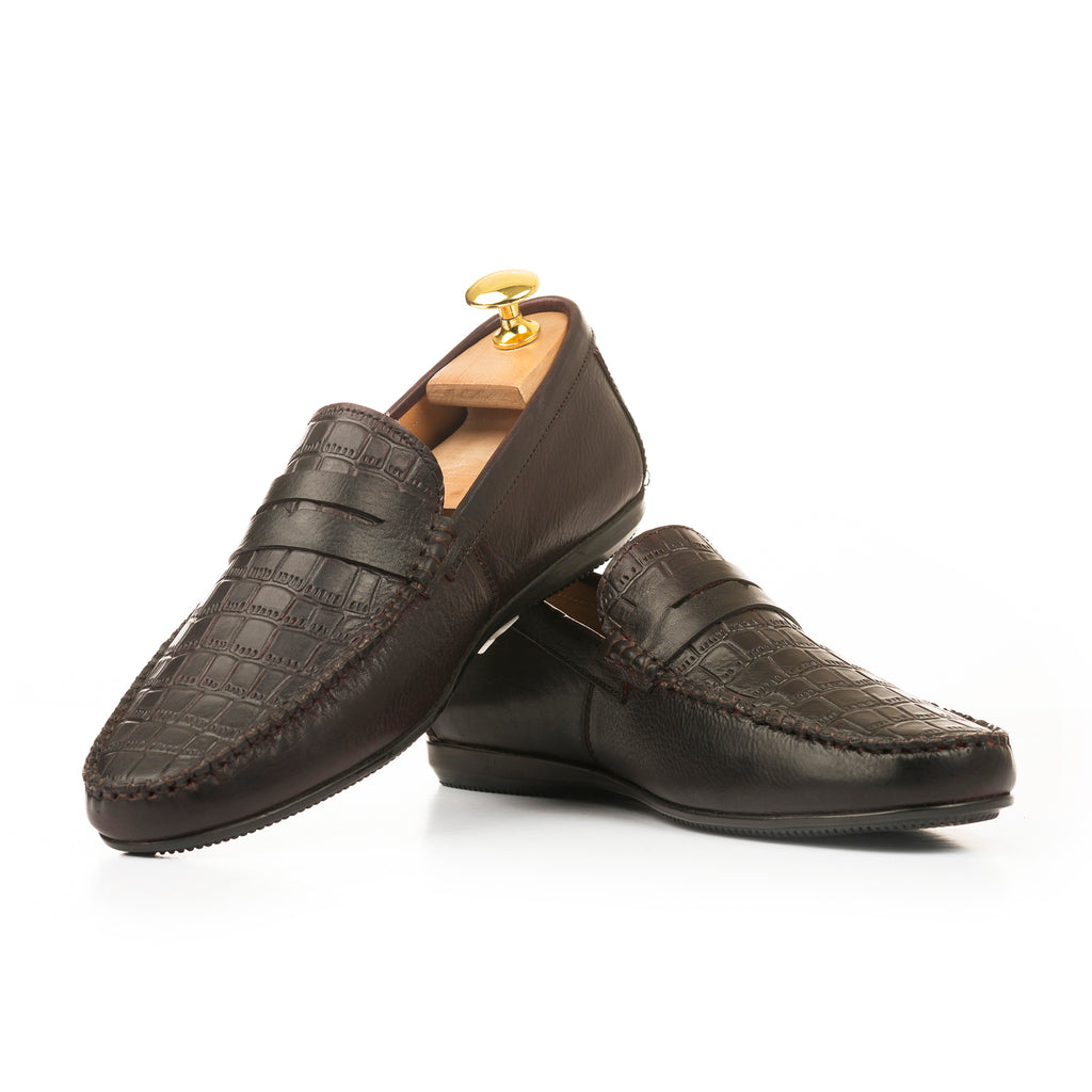 Croc-emboosed Penny Moccasins - Dark Brown