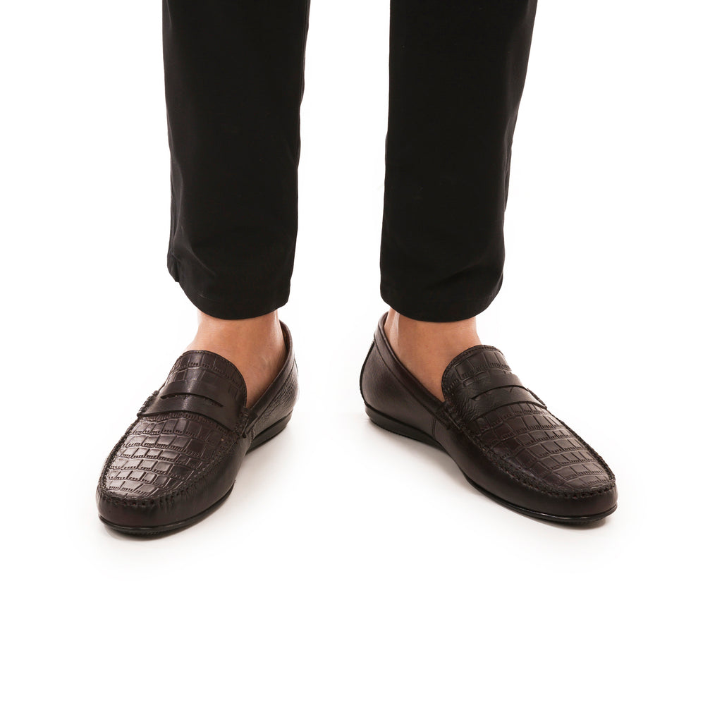 Croc-emboosed Penny Moccasins - Dark Brown