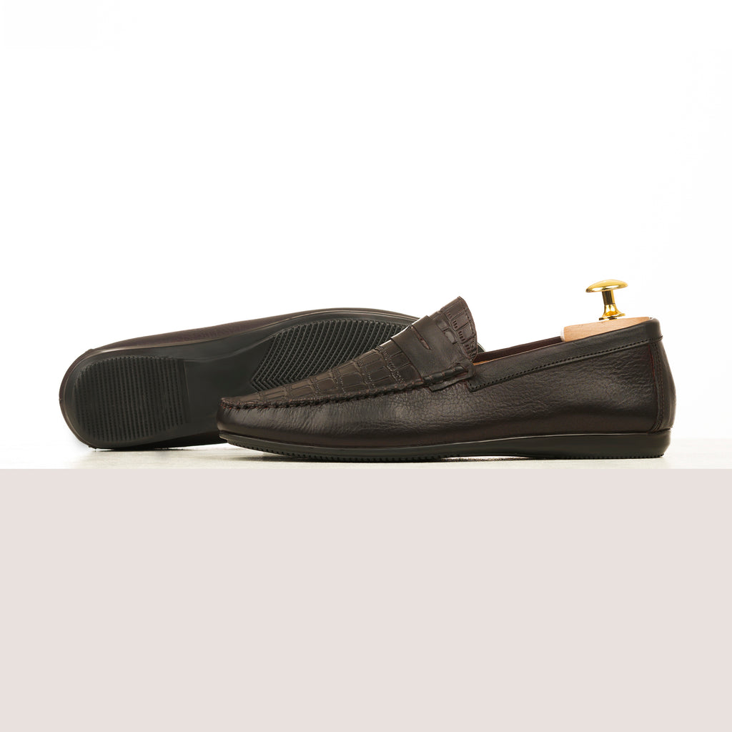 Croc-emboosed Penny Moccasins - Dark Brown