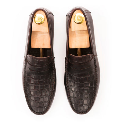 Croc-emboosed Penny Moccasins - Dark Brown
