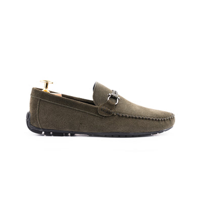Gun-Metal Buckled Suede Moccasins - Olive