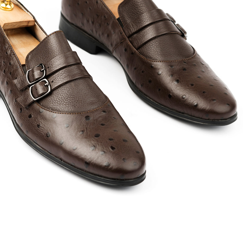 Ostrich Embossed Double Monk Loafers - Brown
