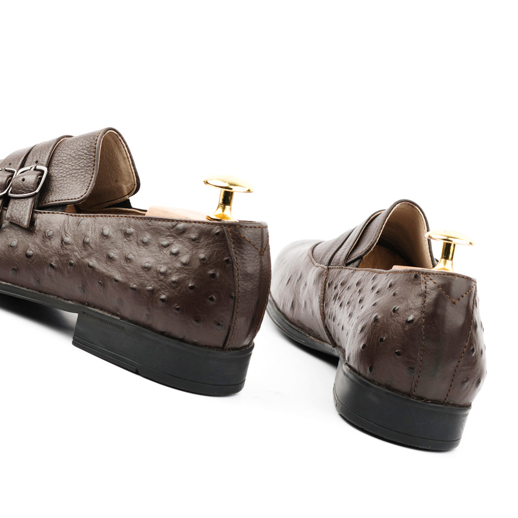 Ostrich Embossed Double Monk Loafers - Brown
