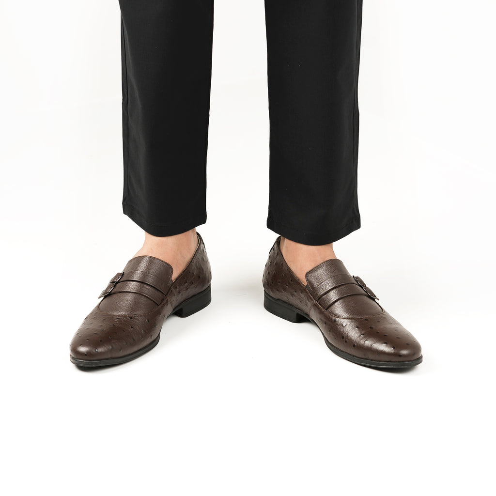 Ostrich Embossed Double Monk Loafers - Brown