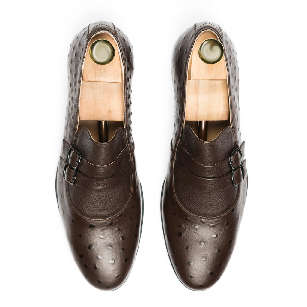 Ostrich Embossed Double Monk Loafers - Brown